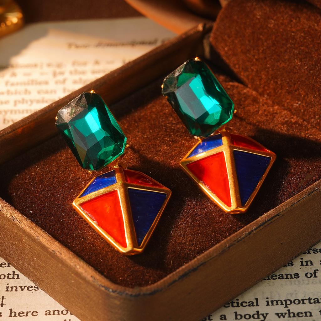 Vintage western enamel geometric earrings vintage geometric high-end texture fashion French medieval niche earrings
