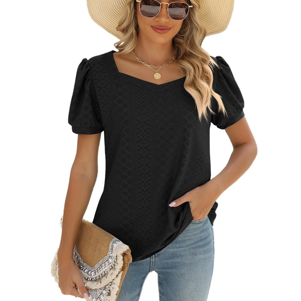 Spring Summer New Women's Solid Color Square Neck Puff Short Sleeve T-shirt Loose Casual Top For European American Cross-border