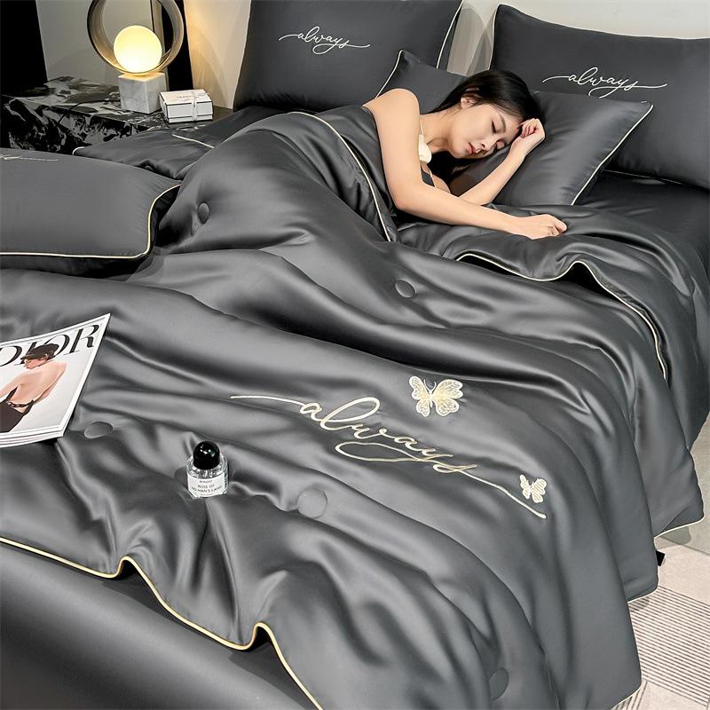 Class A Ice Silk Cooling Summer Quilt 4-Piece Set: Lightweight Embroidered Air Conditioning Quilt