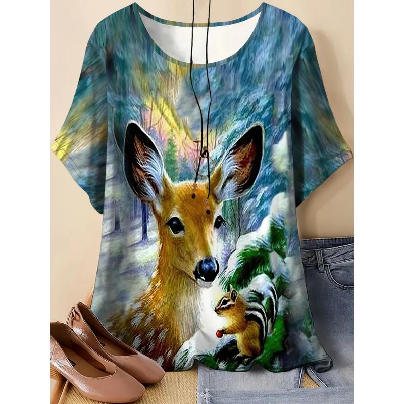 Fashion Women's Crew Neck Short Sleeve 3D Casual Color Printing Casual Short Sleeve Crew Neck T-Shirt