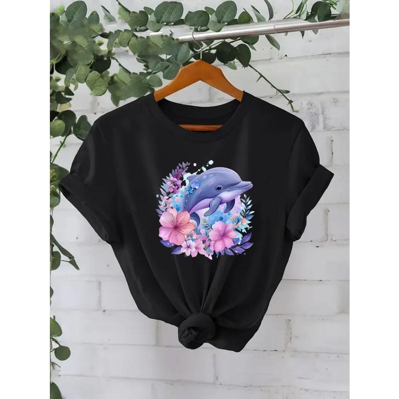 Women'S Casual Short-Sleeve Round-Neck T-Shirt Featuring A Cute Dolphin and Flower Print - A Perfect Choice for Spring and Summer