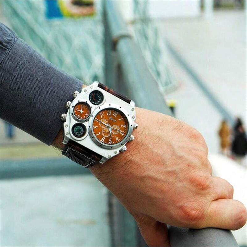 Oulm Fashion Casual Men's Watch Night Light Dual Time Zone Large Dial Leather Strap Men's Quartz Watch reloj hombre