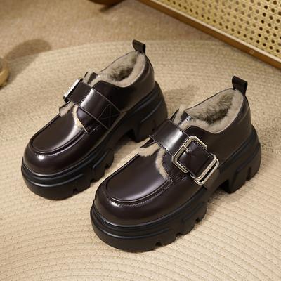 Maillard Brown High Heels Winter with Coat Thick-soled Waterproof Table Piled Warm Cotton Shoes Fluffy Loafers Women