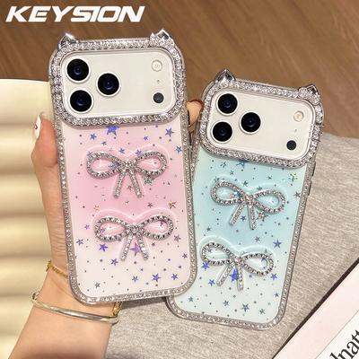 KEYSION Niedliche transparente 3D-Katzenohren-Handyhülle für iPhone 17 Pro Max 17 Air 16 Plus 16 Glitzernde, juwelenbesetzte Schleife Stoßfeste Rückseite