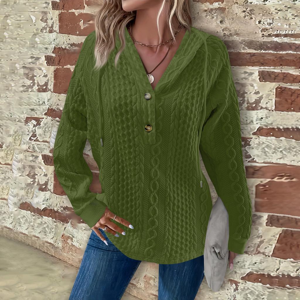 Women's Fashion Long Sleeve Drawstring Hooded Button V-Neck Casual Hooded Sweatshirt Top