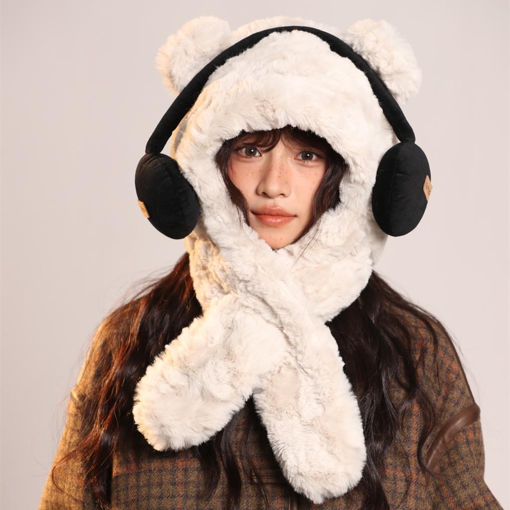 Autumn and Winter Cute Plush Earphones Bear Scarf One Piece Hat Warm Ear Protection Hat Anti Cold Wave
