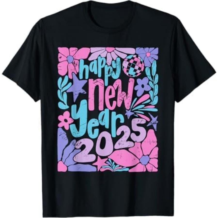Retro Groovy Floral Happy New Year 2025 Disco Ball T-Shirt HABI Black XXXXXL чёрный