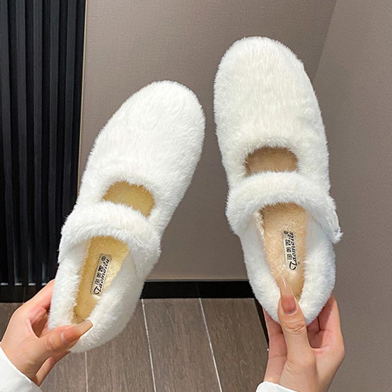 Fashion Fairy White Furry Mary Janes Women Warm Mink Fur Shoes Winter Cotton Lined Flats Slip On Ballerinas Ladies Barefoot Wool Loafers