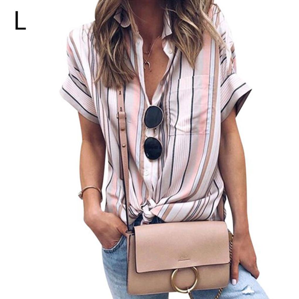 Women Stripe Shirt Stitching Short Sleeve Shirt