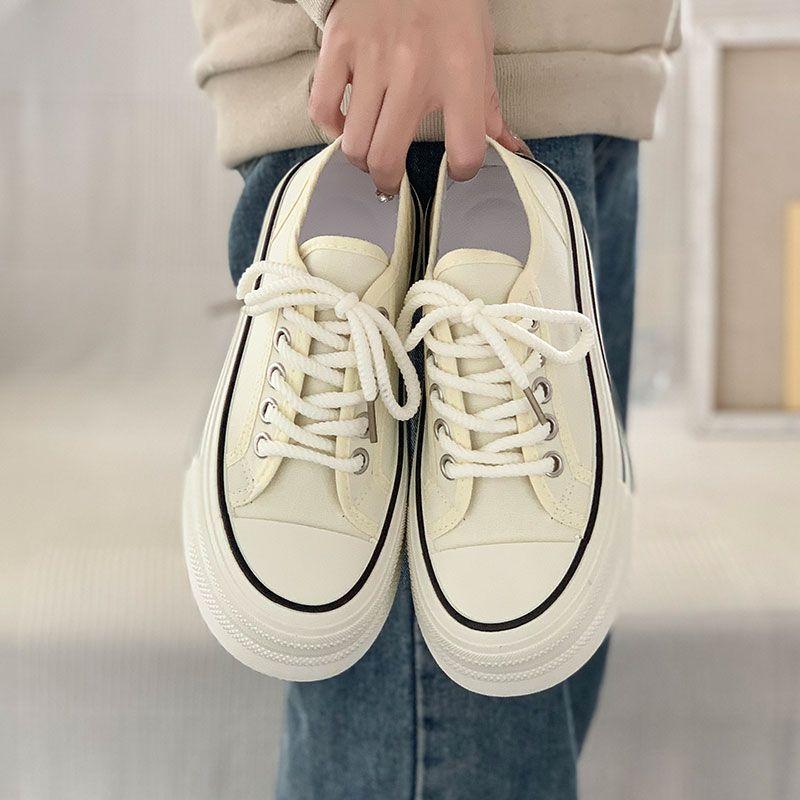Cream platform canvas shoes women's thin autumn new ins trendy niche Korean version big head muffin student white shoes