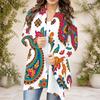 Women s Plus Size Dark Green Printed Draped Collar Long Sleeve Open Front Curved Hem Cardigan