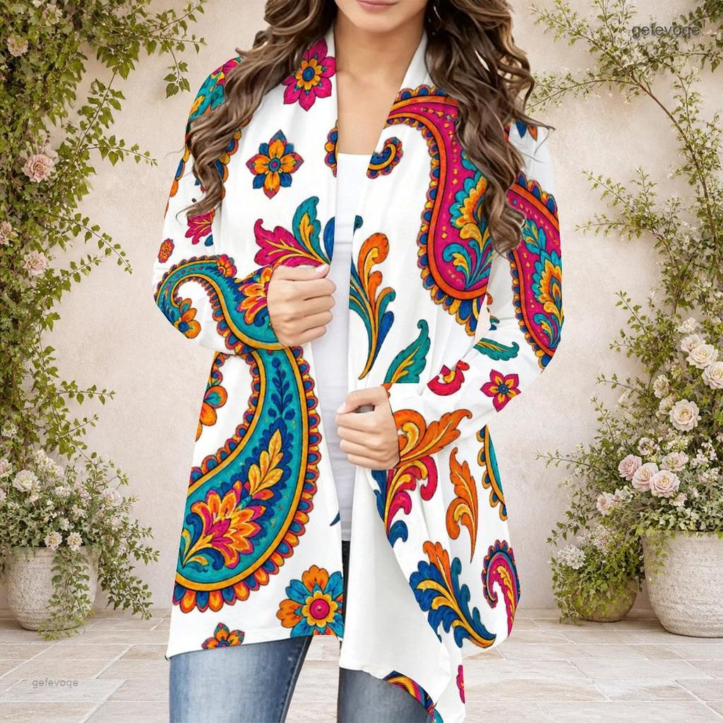 Women s Plus Size Dark Green Printed Draped Collar Long Sleeve Open Front Curved Hem Cardigan