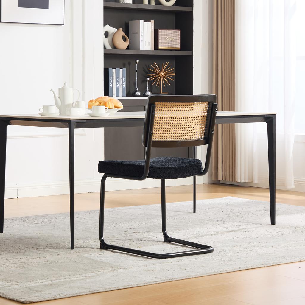 Modern Rattan Dining Chair with Black Metal Frame, Synthetic Cane Back & Chenille Seat Cushion for Kitchen, Living Room, Bedroom-Black