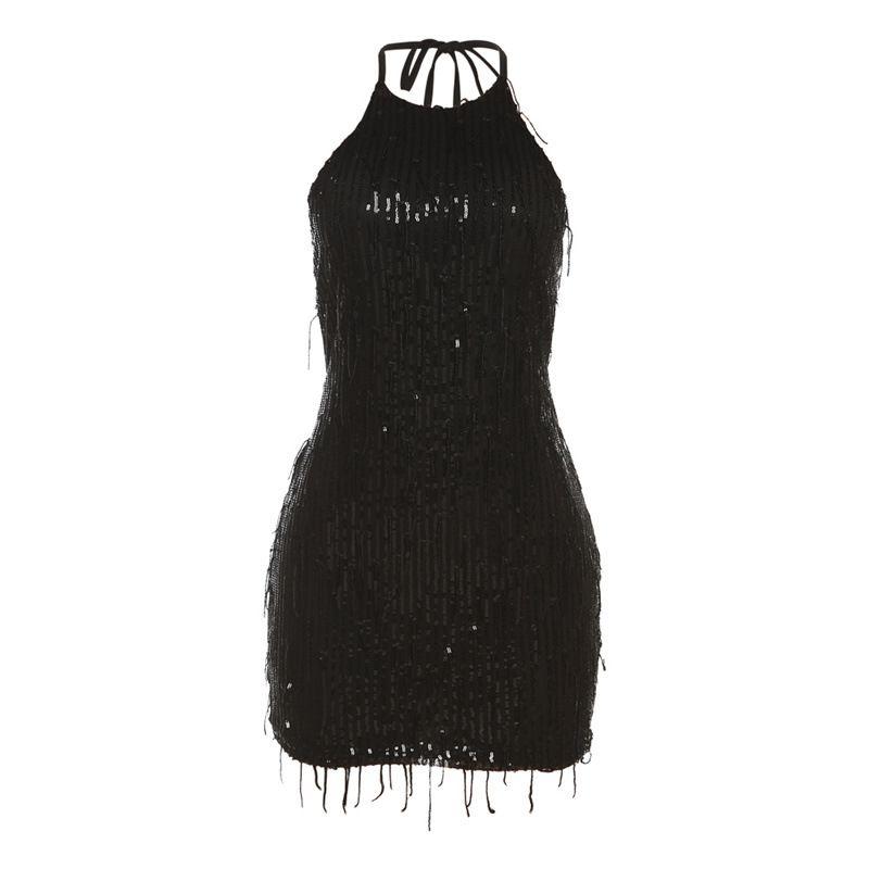 

Hanging Neck Open Back Sequin Fringed Dress Halterneck Backless Dress Black S