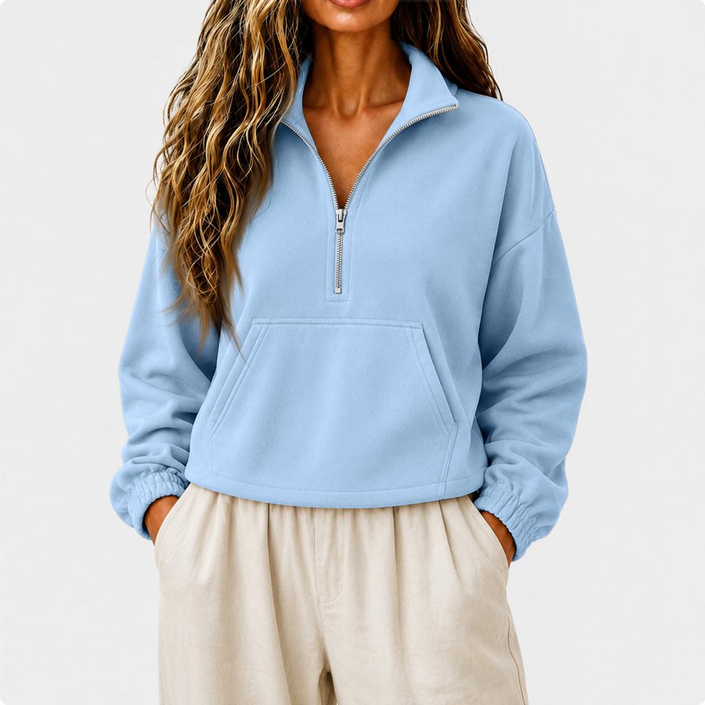 Women's Casual Half Zip Stand Collar Crop Hoodie Loose Long Sleeve with Pocket