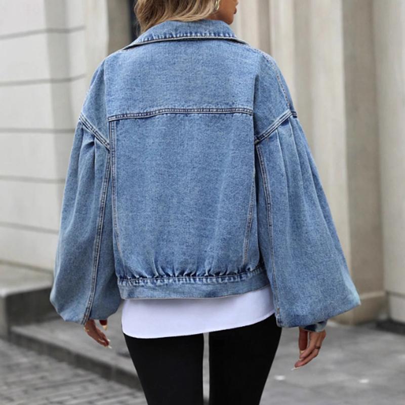 Autumn Vintage Lantern Sleeve Denim Jacket Women's Casual Streetwear Single Breasted Loose Short Jean Jackets