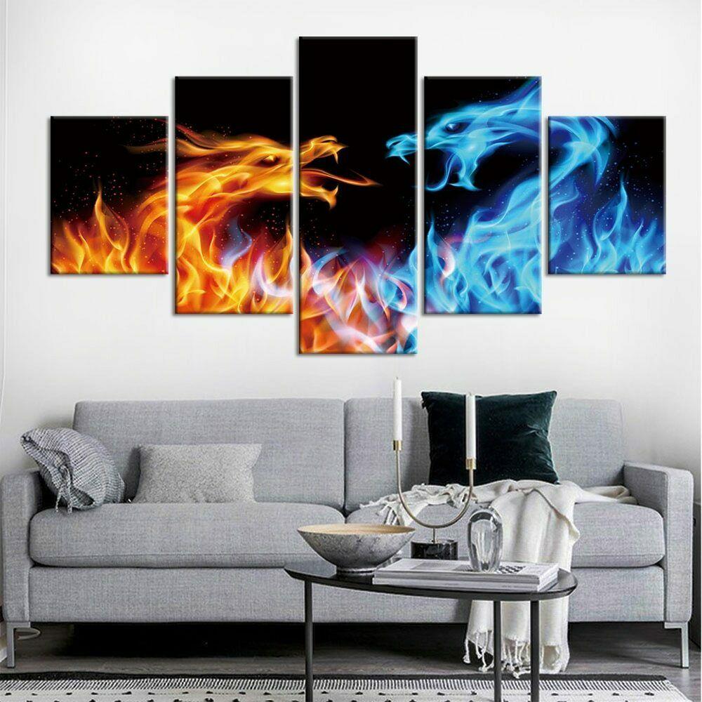 5ks Fire Ice Dragon Dekor moderní umělecká díla Nástěnné umění HD Tisk Bez rámečků Plakát Home Decor Room Decor Abstract