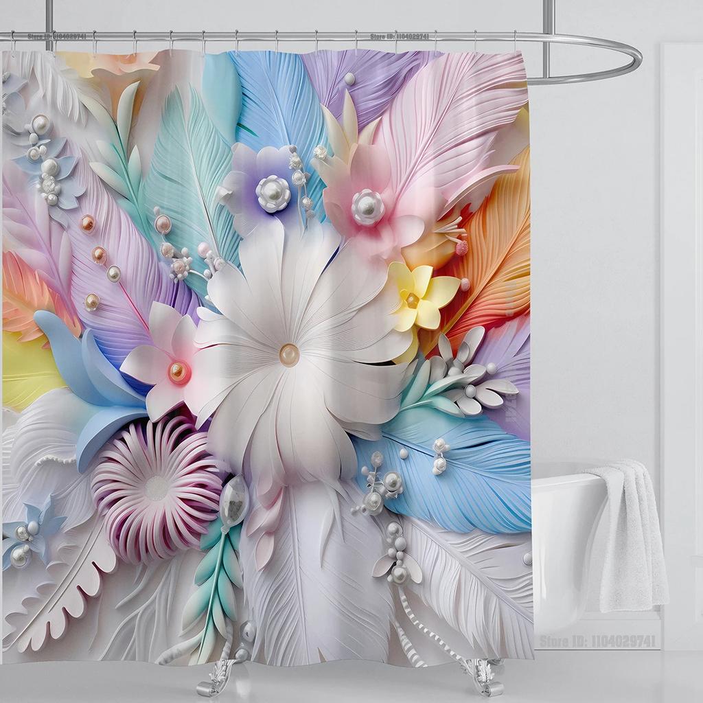 3d Flower Floral Shower Curtain Waterproof Shower Curtain Polyester Fabric 3D Printed Curtain Bathroom Decoration with Hooks