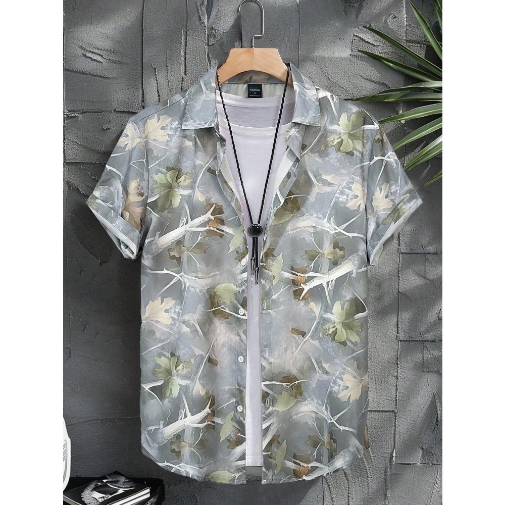 Camicia Hawaiana Morbida da Uomo Estiva con Stampe Vivaci di Foglie della Giungla e Fiori Esotici Collo a Revers Bottoni Top Abbigliamento Unisex Oversize