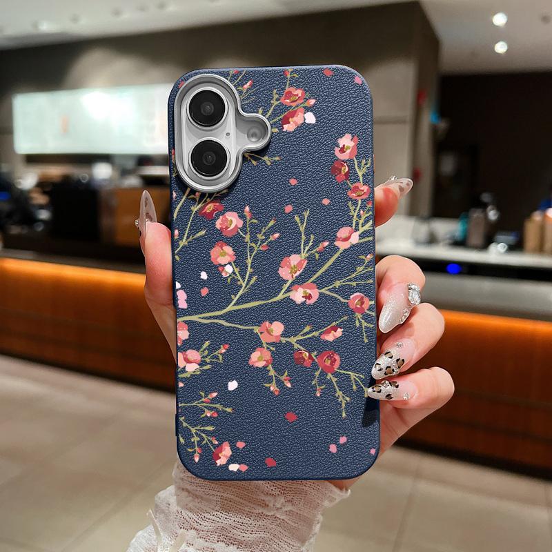 Shockproof Soft Tpu Peach Blossom Pattern Phone Case for iPhone 16 Pro 15 14 Plus 13 12 Pro Max 11 Leather Texture Plain Color Slim Cover