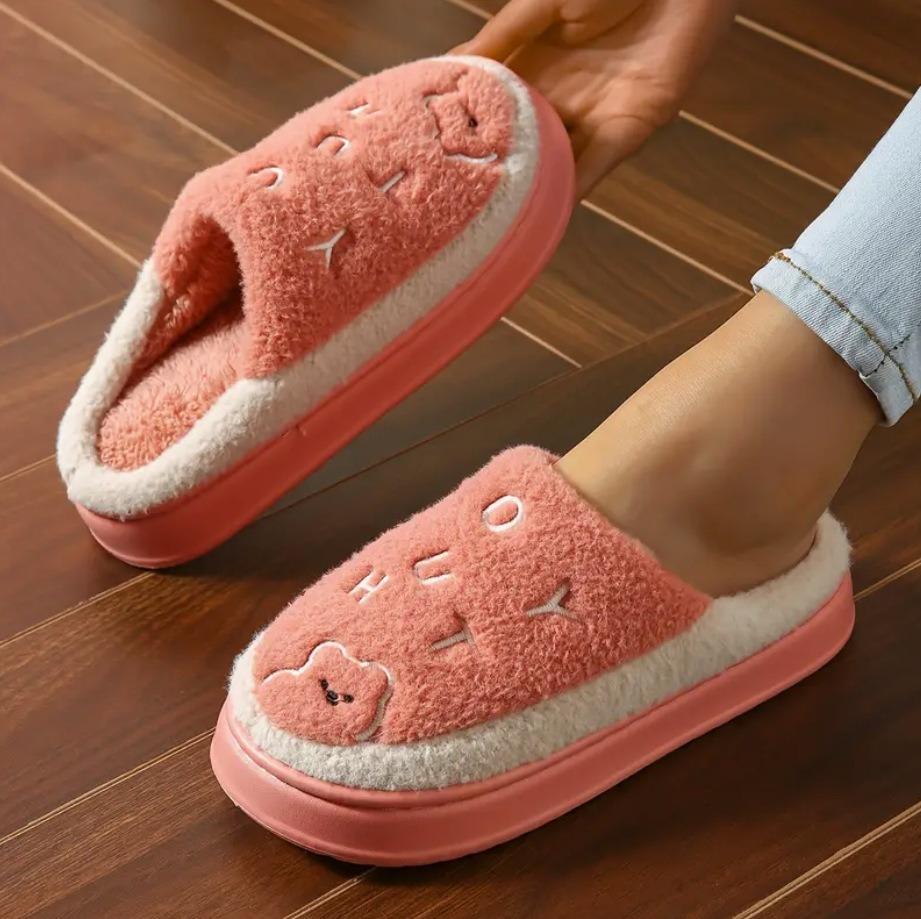 Новые милые тапочки-медведи женские теплые домашние нескользящие удобные плюшевые хлопковые тапочки с толстой подошвой персиковый