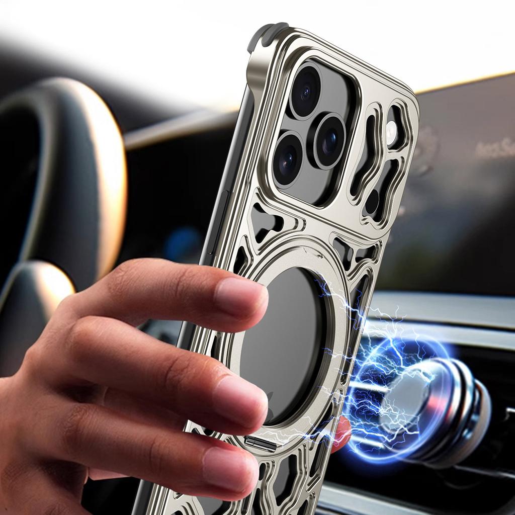 For iPhone 17 Pro Max Bumper Case Alloy Metal Borderless Back Cover with Magnetic Kickstand