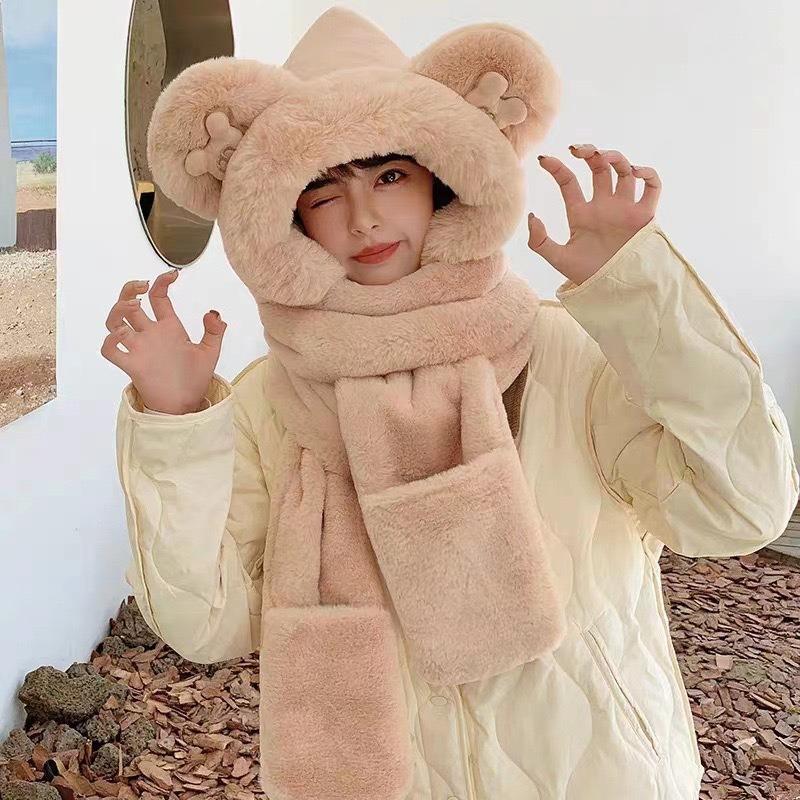 Winter Warm Plush Bear Hat Scarf Gloves Hat Plush Thickened Three-piece Set Scarf Integrated