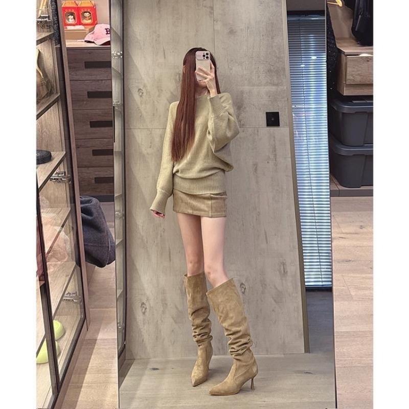 Wide tube big tube circumference black stacking boots women's spring and autumn new pointed high heel boots thin heel high boots