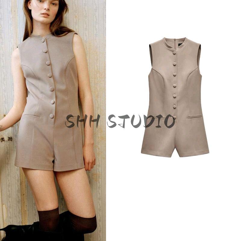 Spring New Women's Clothing French round Neck Sleeveless Button Minimalist Silm Casual One-Piece Shorts 2156550