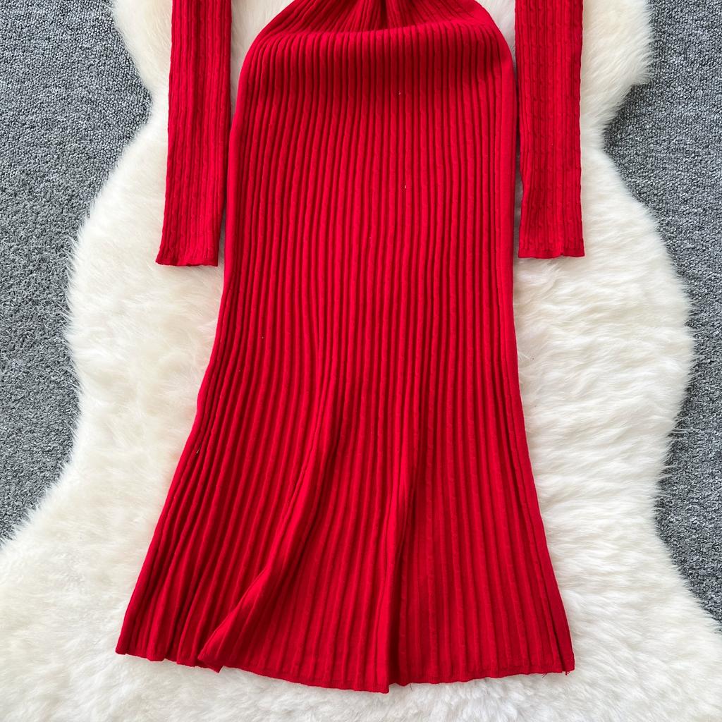 Podzim Zima Dámský Elegantní Svetr s V-výstřihem a Dlouhým Rukávem s 3D Květinami Pletený Pulovr Dlouhé Midi Společenské Šaty