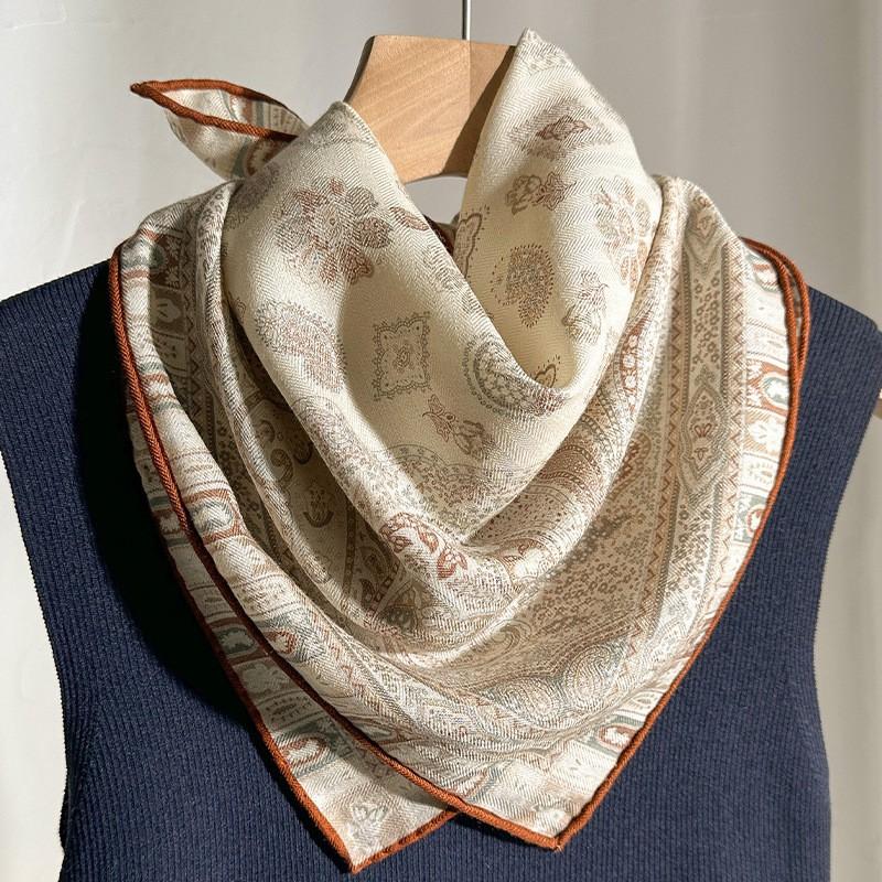 Elegant Beige Paisley Silk Wool Scarf Women Lightweight 60x60cm Square Shawl Winter All-Season Wear