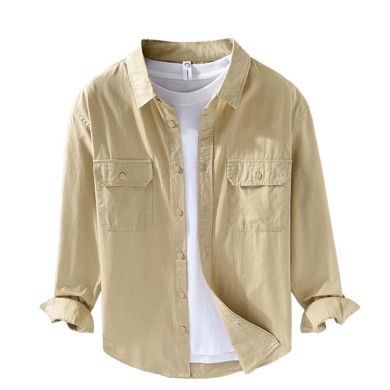Japanese Simple Cotton Casual Shirt Men Long Sleeve Loose Double Pocket Cargo Shirt Spring Coat