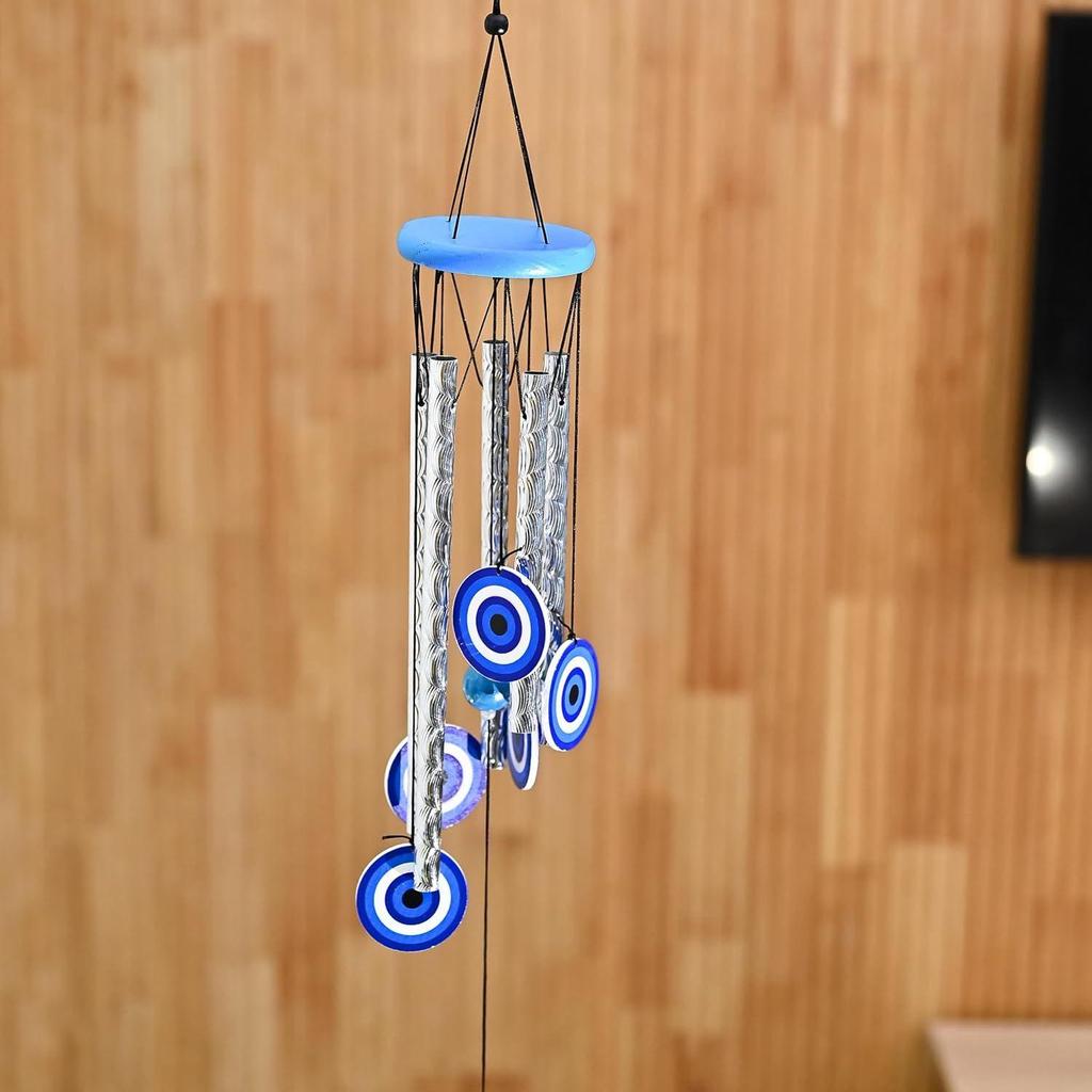 Evil Eye Wind Chimes for Home and Garden – Hanging Decoration Items Housewarming Gifts Room Décor for Living Room and Bedroom, 4 Silver Pipe