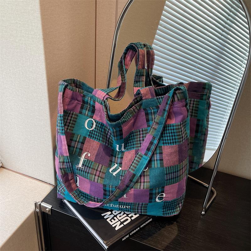 Retro plaid bag women's new summer large-capacity versatile tote bag casual shoulder messenger bag