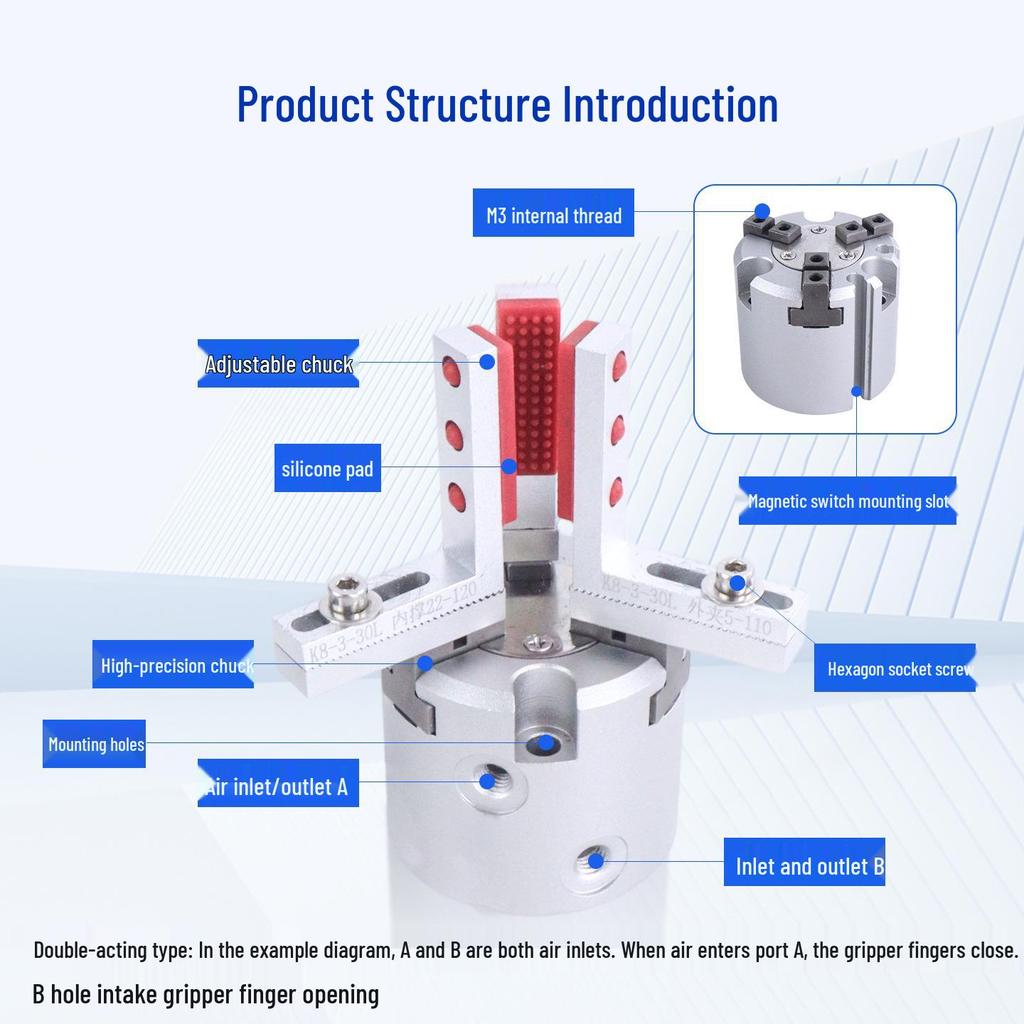 Adjustable Aluminum Alloy Cylinder, MHS3/MHS4 Series, with Three/Four-Jaw Finger and Multi-Port Adjustment, High Hardness.