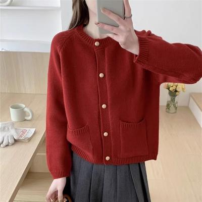 Gestrickter Cardigan-Mantel mit Rundhalsausschnitt, Retro- und lässiger Stil für Herbst und Winter, Knopf-Pullover für Damen