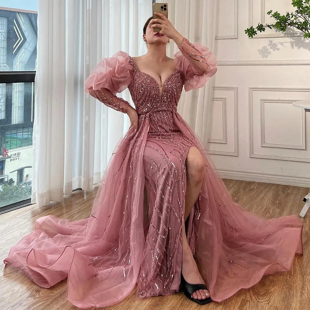 Bead bubble sleeves high-end temperament split fork harpoon tail dress annual meeting host banquet dress LA11918