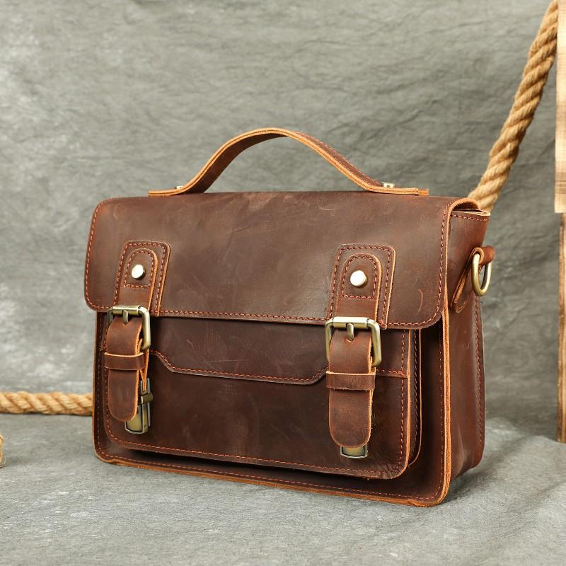 European American Retro Men's Crazy Horse Leather Handbag Top Layer Cowhide High-end Small Square Bag Crossbody Messenger