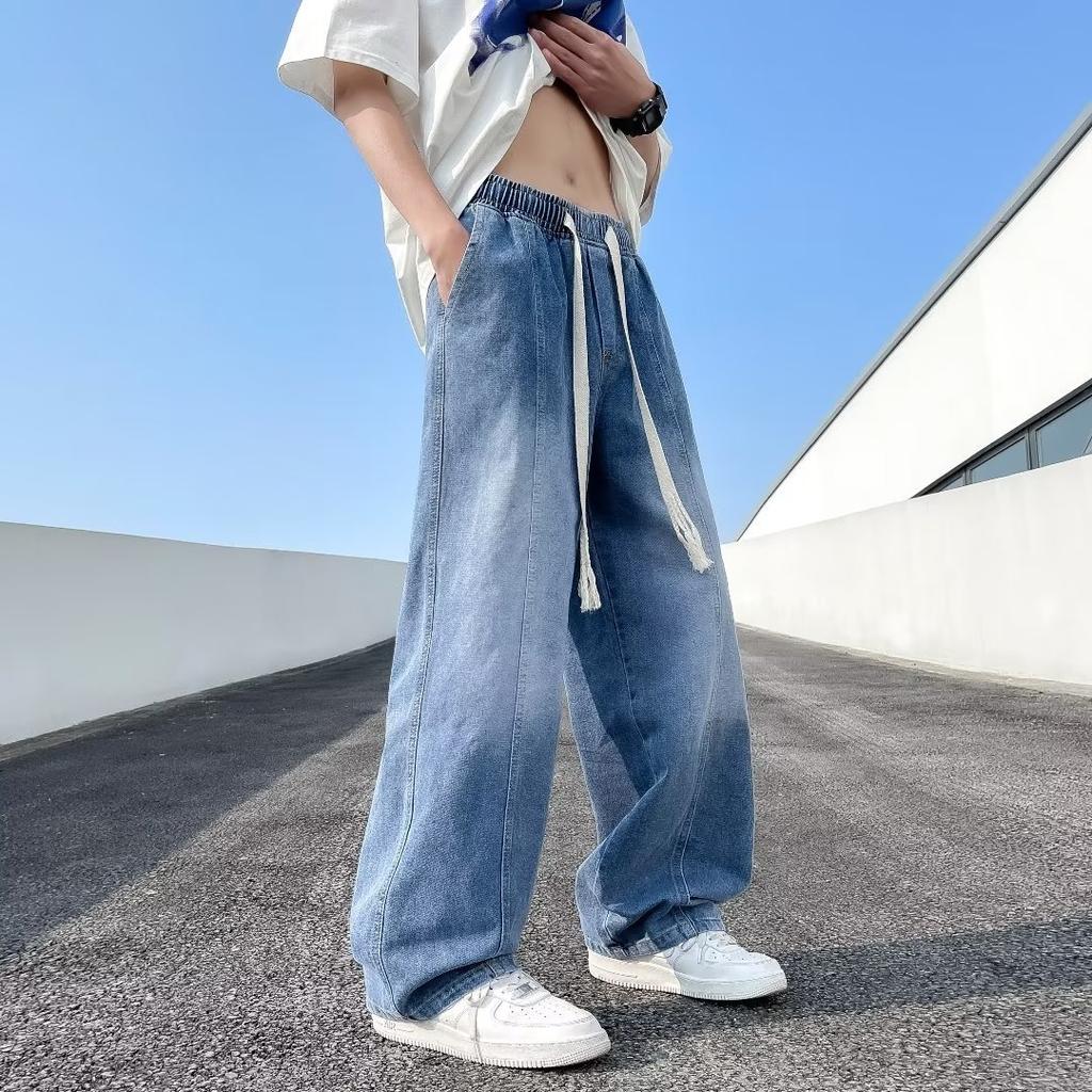 JYL Men's Straight Jeans Summer Hong Kong Style Elastic Waist Loose Wide-Leg Denim Pants