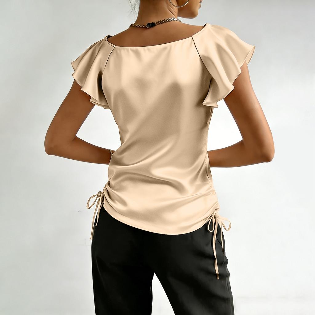 Kurzarmblusen für Damen V-Ausschnitt Satin Raffung Design Elegante Damen-Kurzarmblusen und Damen-Kurzarmtops für den täglichen Gebrauch