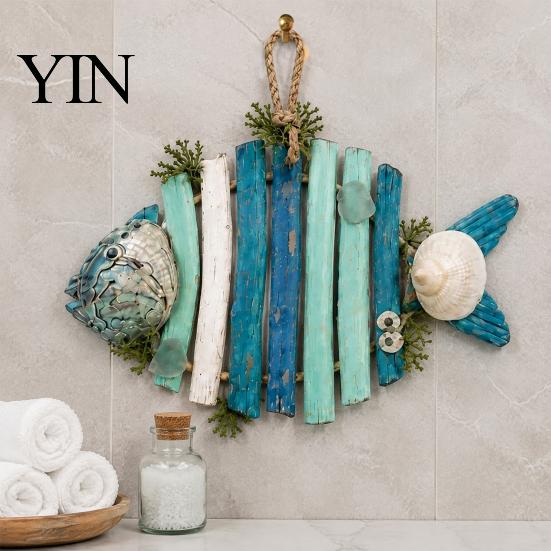 Nautical Wall Decor Lighted Wooden Fish Hanging Decor, Rustic Fishing Wood Sculpture with LED Lights, Retro Blue Art Coastal Beach Theme Farmhouse