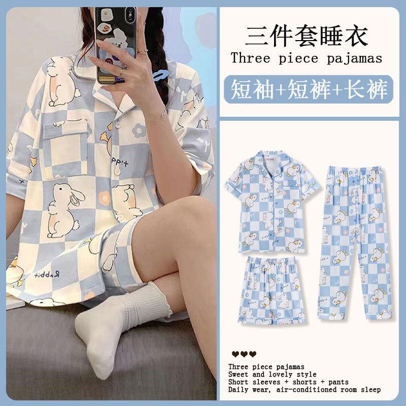 Mikko summer three-piece pajamas women's pure cotton short-sleeved trousers ins Japanese summer spring and autumn loungewear set