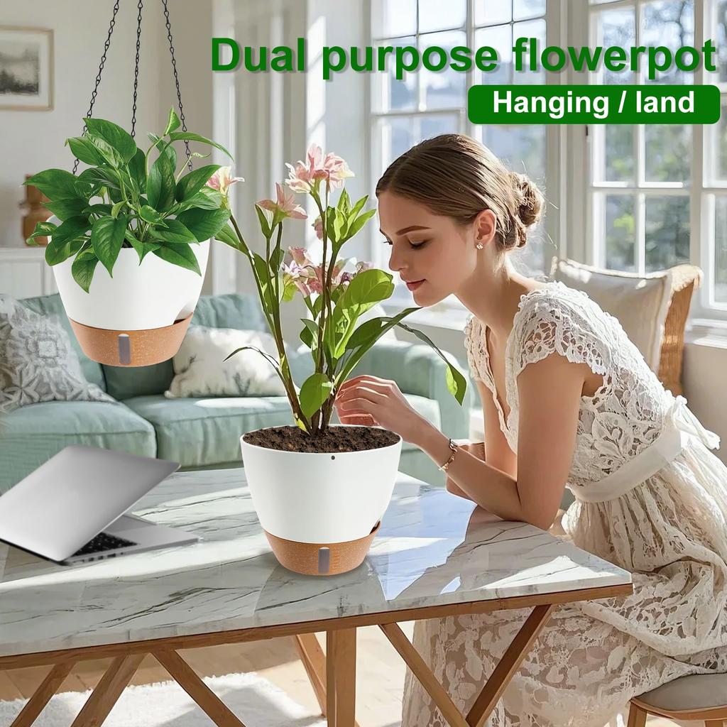 2Pcs Self Watering Plant Pots Plastic Automatic Watering Hanging Flower Pots with Drainage Hole for Indoor Outdoor Decoration