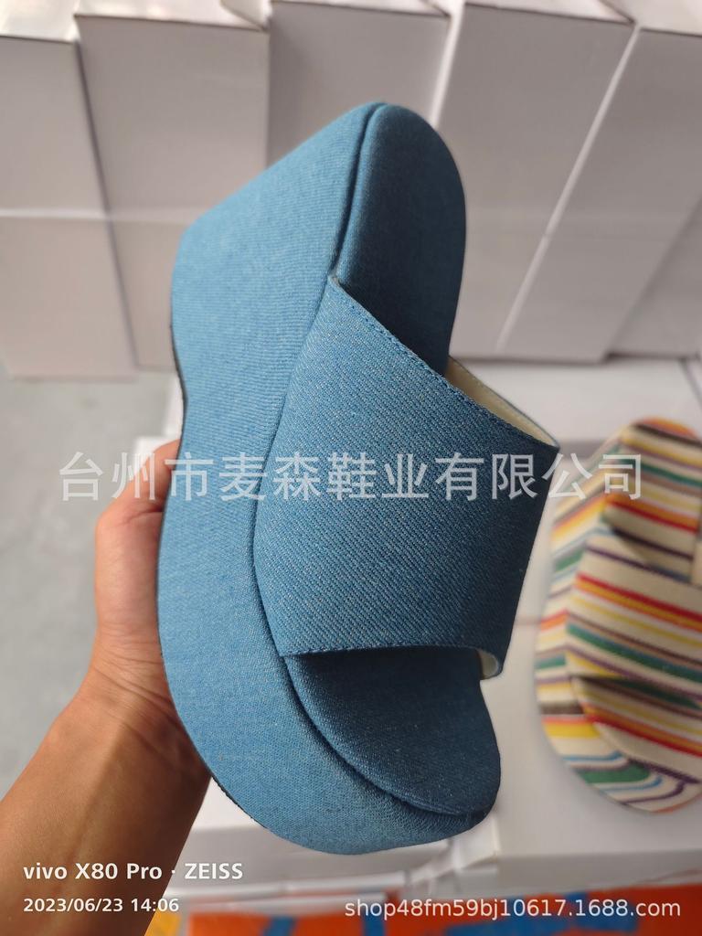Thick Bottom Slope Heel One-word Slippers Women's High Heel Solid Color Cloth Surface Beach Cool Slippers Slippers