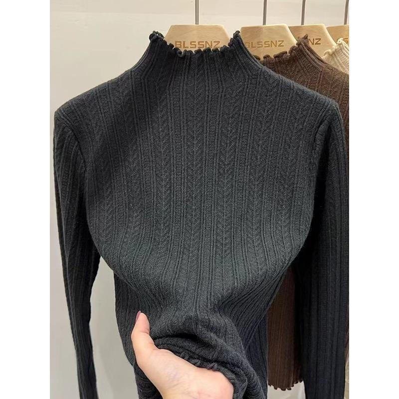 Fungus Edge Knitted Sweater Women's New Chic Top Semi-turtleneck Bottoming Shirt Women's Autumn and Winter Wear