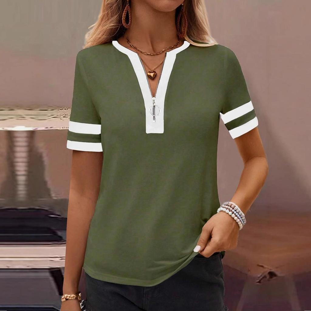 Women Summer  Top  Vacation Short Sleeve V Neck Loose Fit Shirt Spring Fashion Casual Clothes