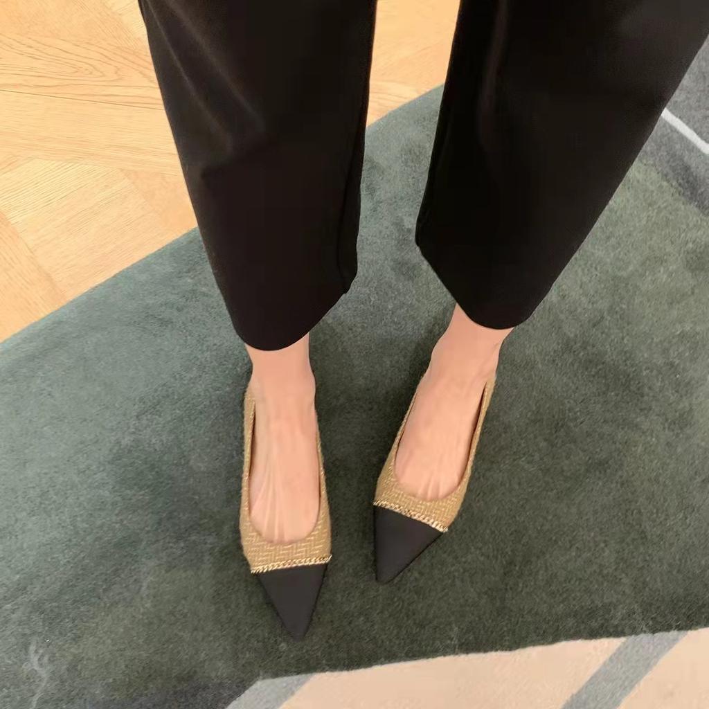 Spot black one-pedal, spring and autumn new expensive gold chain pointed head shallow mouth tweed flat-soled temperament single shoe