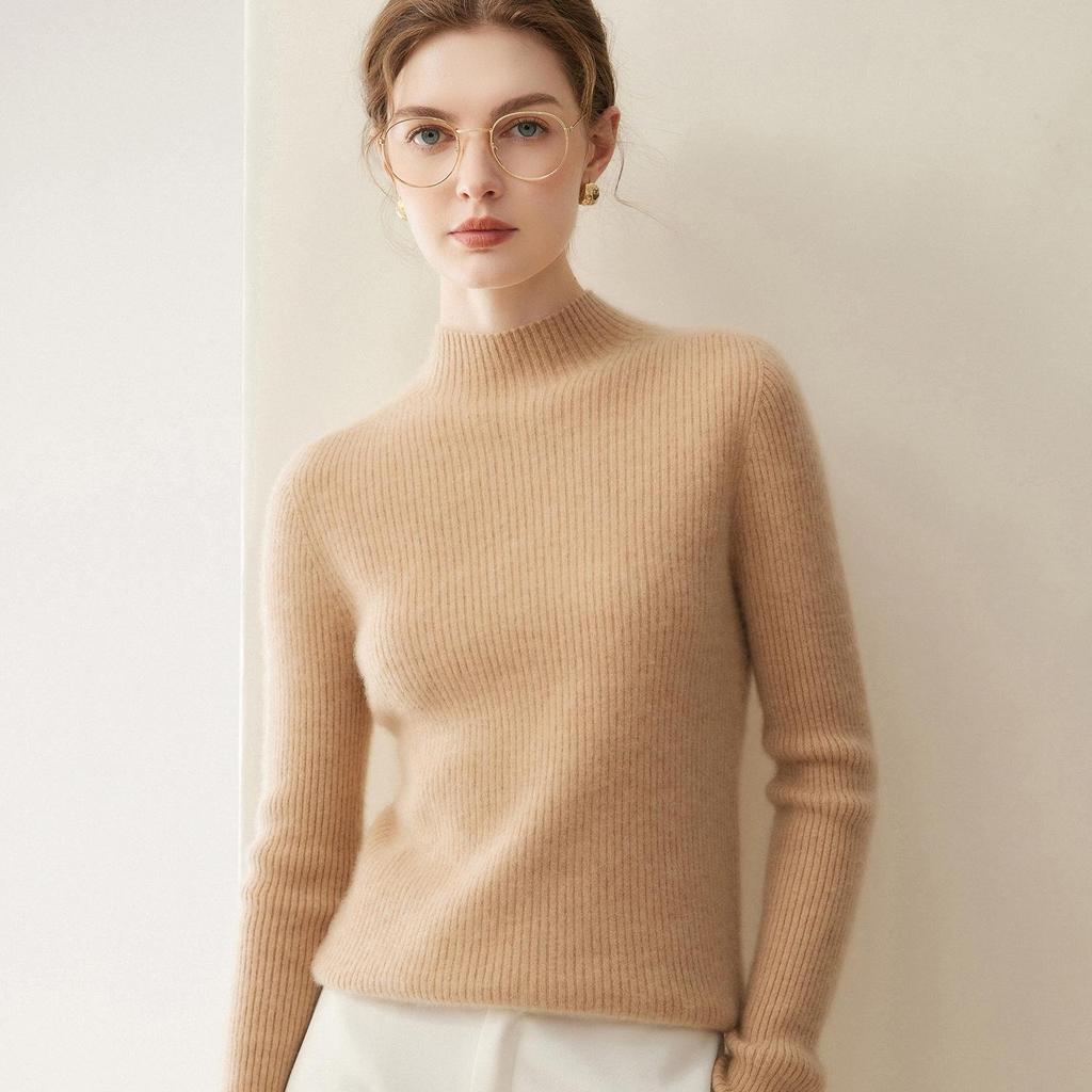 Women's 100% Cashmere Long Sleeve Knit Sweater - Half-High Neck, Tight-Fitting, Versatile Base Layer for Autumn/Winter.