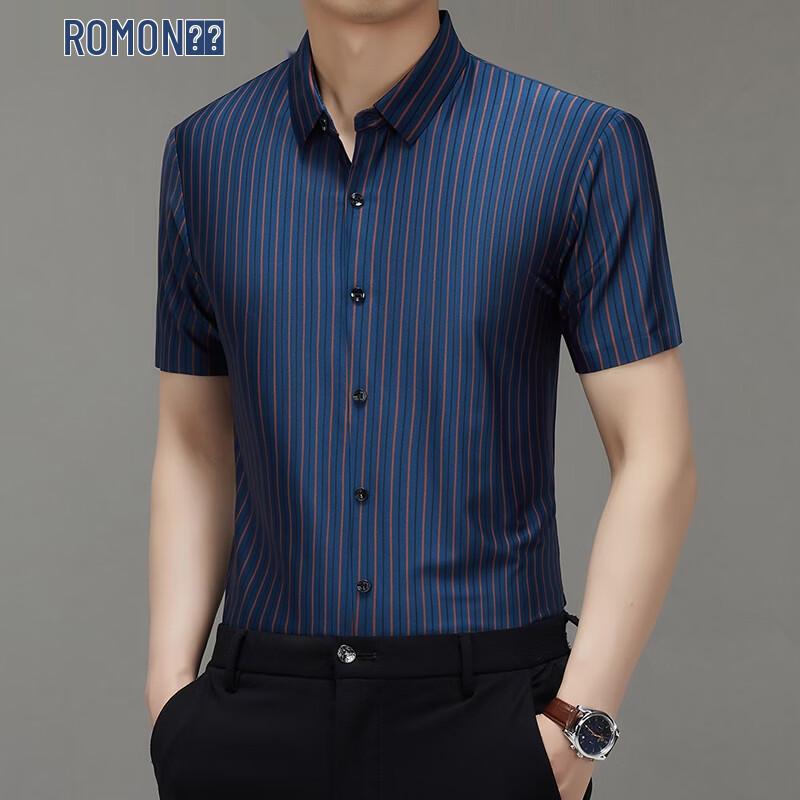 ROMON Men's Striped Short Sleeve Casual Shirt