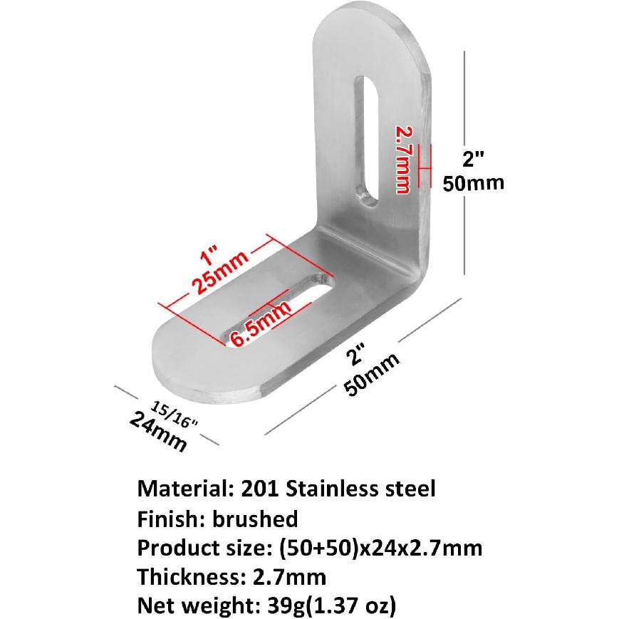 16 Pcs 2 x 2 inches Slotted L Right Angle Bracket, Stainless Steel Metal Joint Corner Brace, 2.7mm Thickness, 90 Degree Adjustable Support Corner